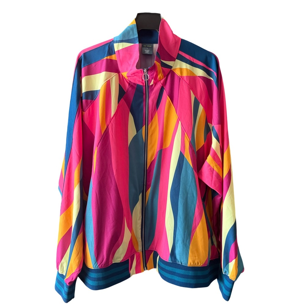 Tek Gear Womens 3X Track Jacket Pink Blue Abstract Geometric Full Zip Mock Neck - Picture 2 of 9
